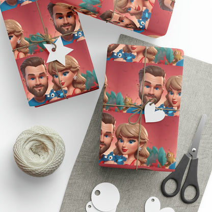 Cartoon Travis Kelce and Taylor Swift Football Birthday Gift Wrapping Papers