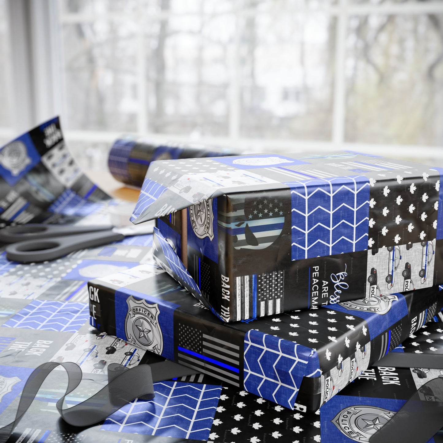 Back the Blue Police Badge Line Pattern Flag Geburtstagsgeschenkpapier