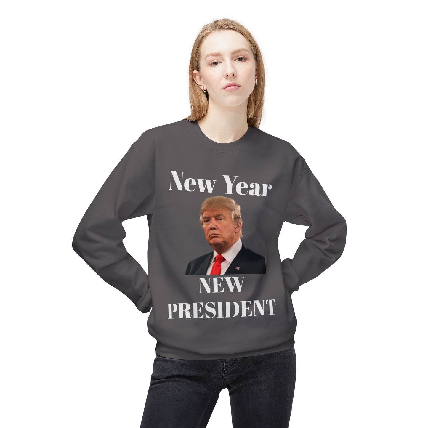 New Year New President Trump 2024 Unisex Midweight Cotton Blend Soft style Fleece Crewneck Sweatshirt Choose Color