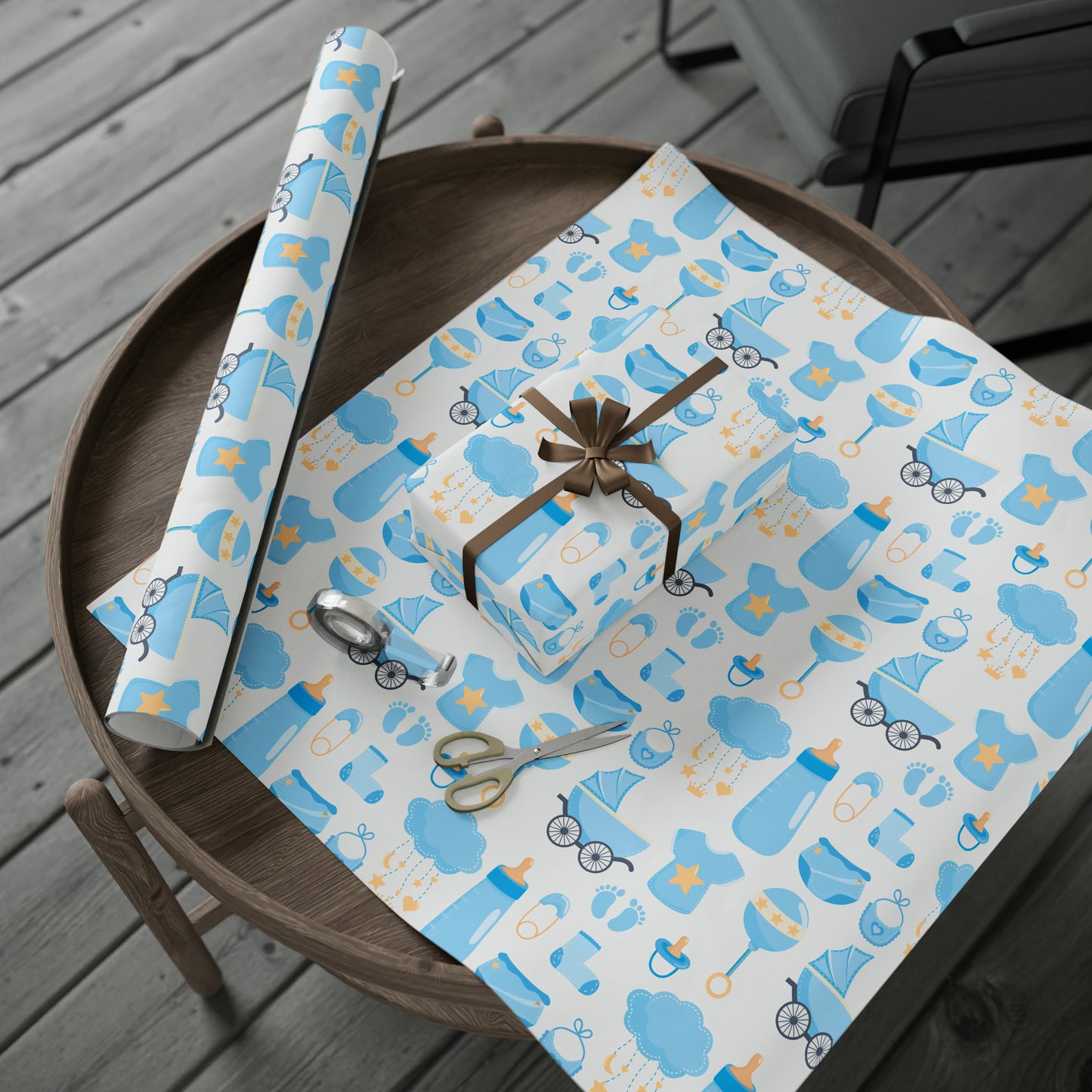 Baby Shower Boy Blue Toys Retro Drawing Cartoon Present Birthday Gift Wrapping Papers