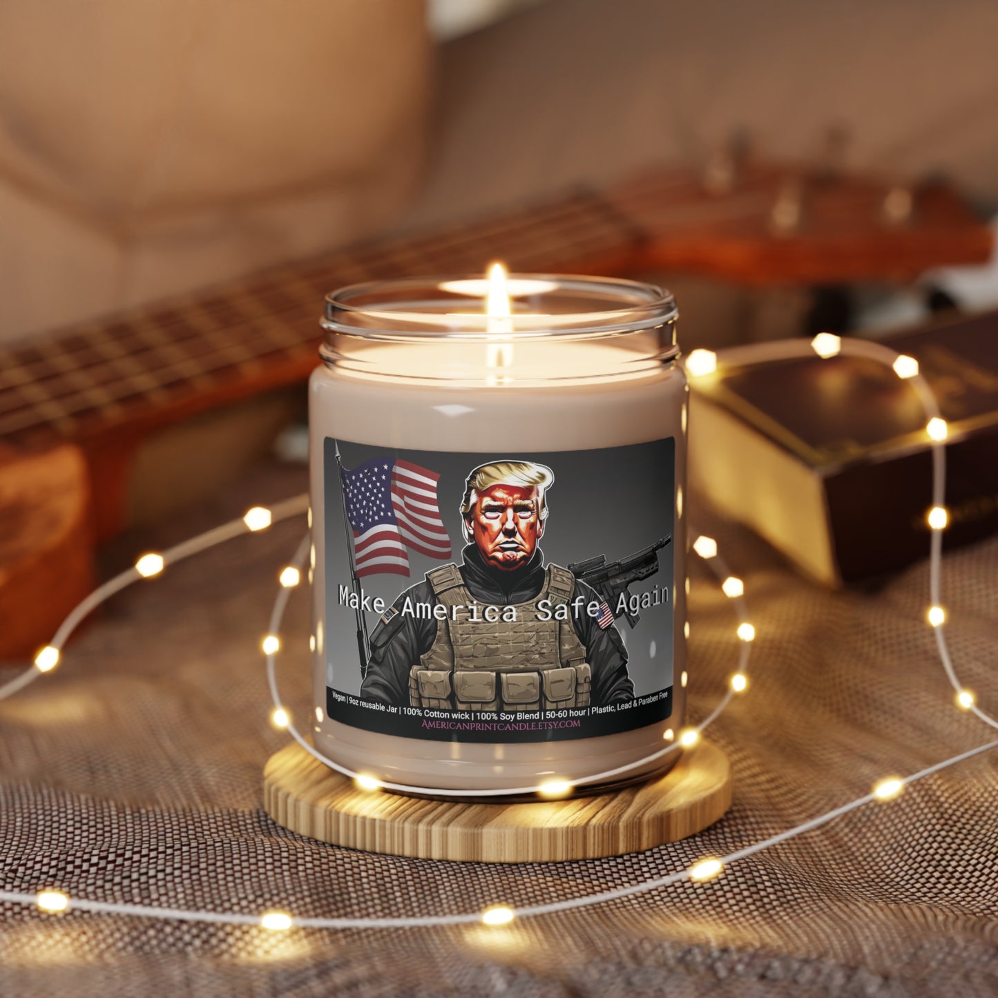 Make America Safe Again soldier Trump Scented Soy Glass Jar Candle 9oz
