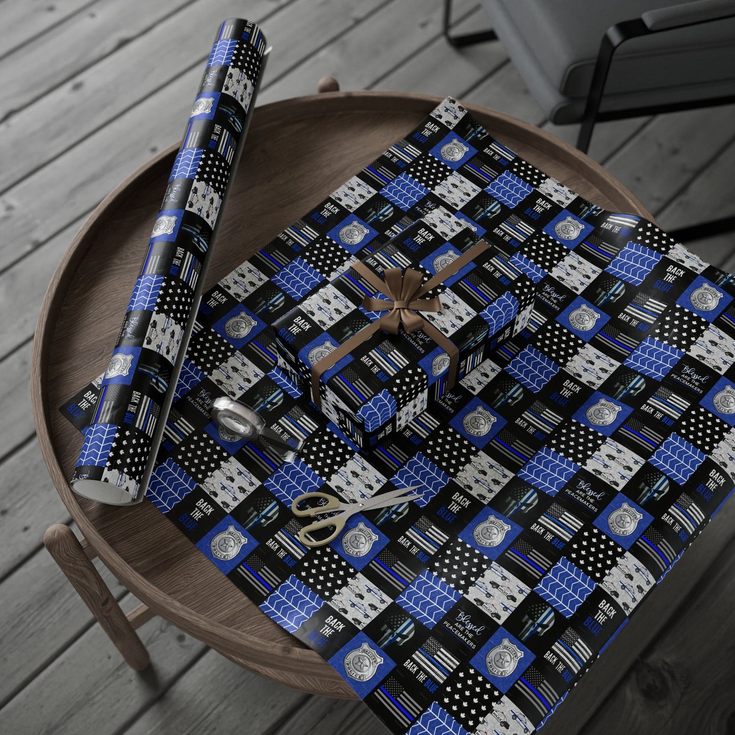 Back the Blue Police Badge Line Pattern Flag Geburtstagsgeschenkpapier