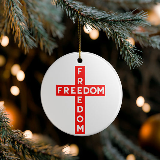 Red FREEDOM Cross Ceramic Ornament