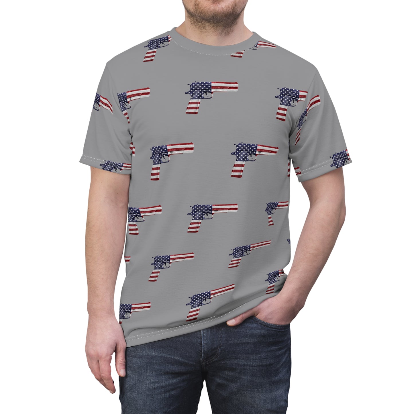 Amerikanische Flagge, Rot, Weiß und Blau, Pistolengrau, Unisex, sportliches Cut &amp; Sew Soft-T-Shirt