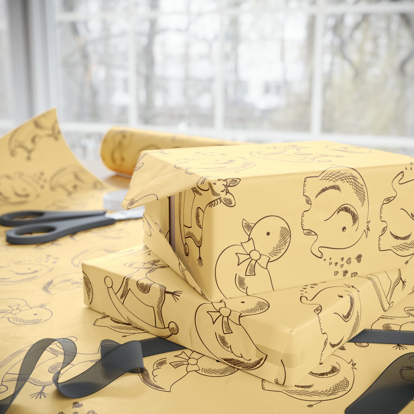 Baby Shower Neutral Vintage Toys Retro Drawing Cartoon Present Birthday Gift Wrapping Papers