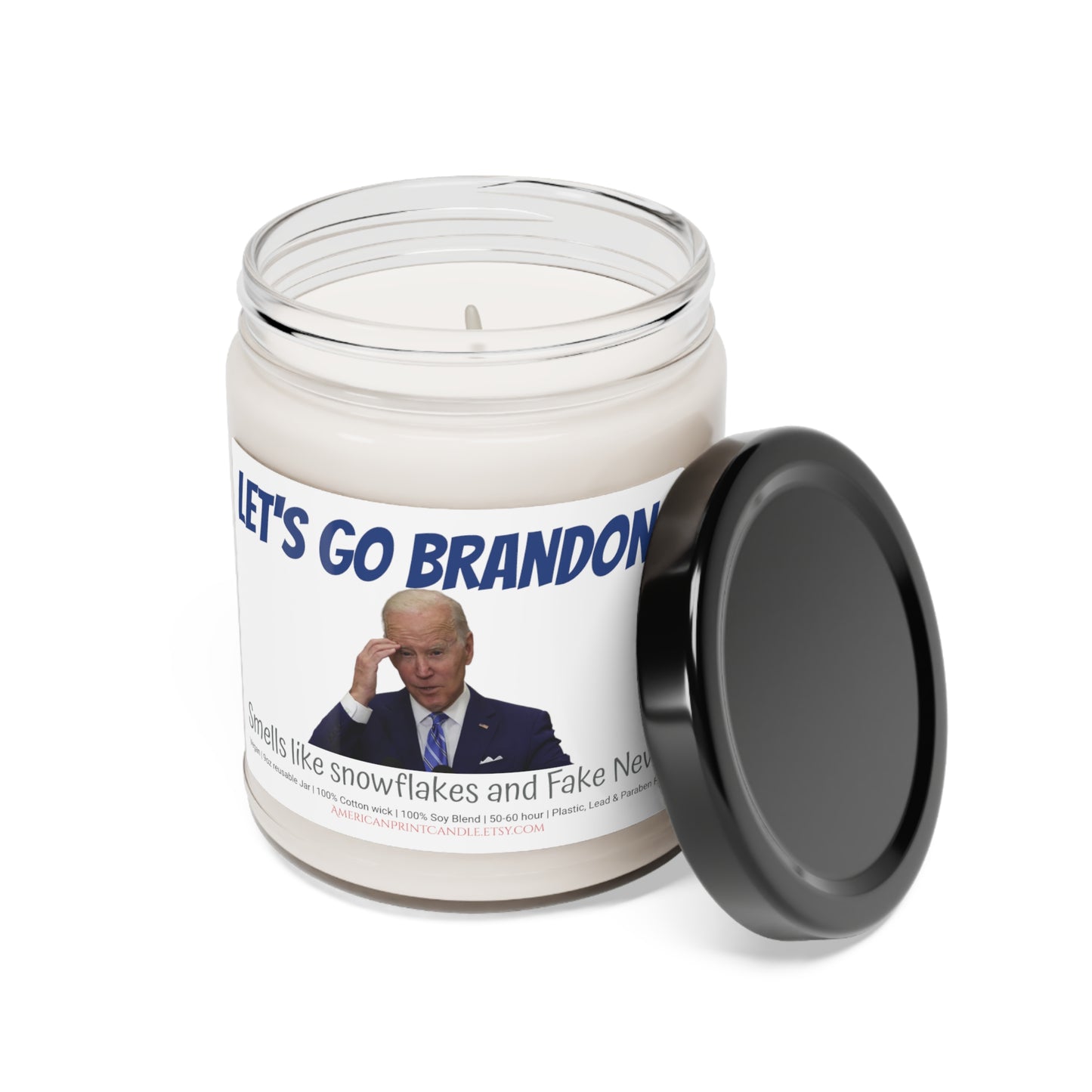Let's Go Brandon Biden Fake news and snowflakes and Scented Soy Glass Jar Candle 9oz
