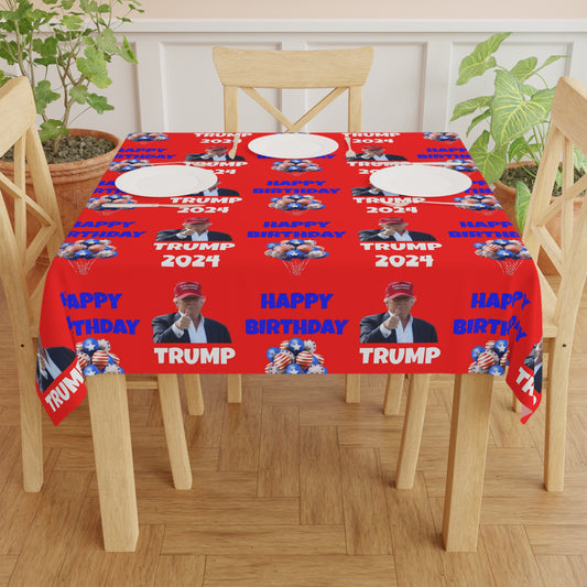 Happy Birthday Trump 2024 Red Celebration Fabric Tablecloth
