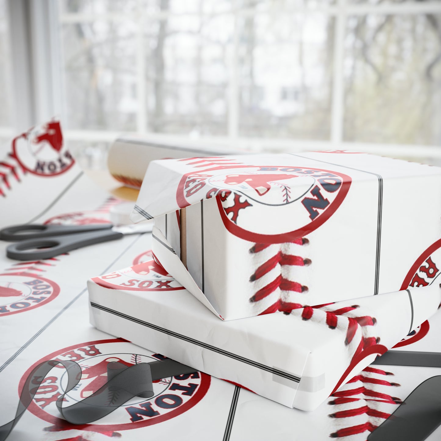 Boston Red Sox Baseball Birthday Gift Wrapping Paper Holiday